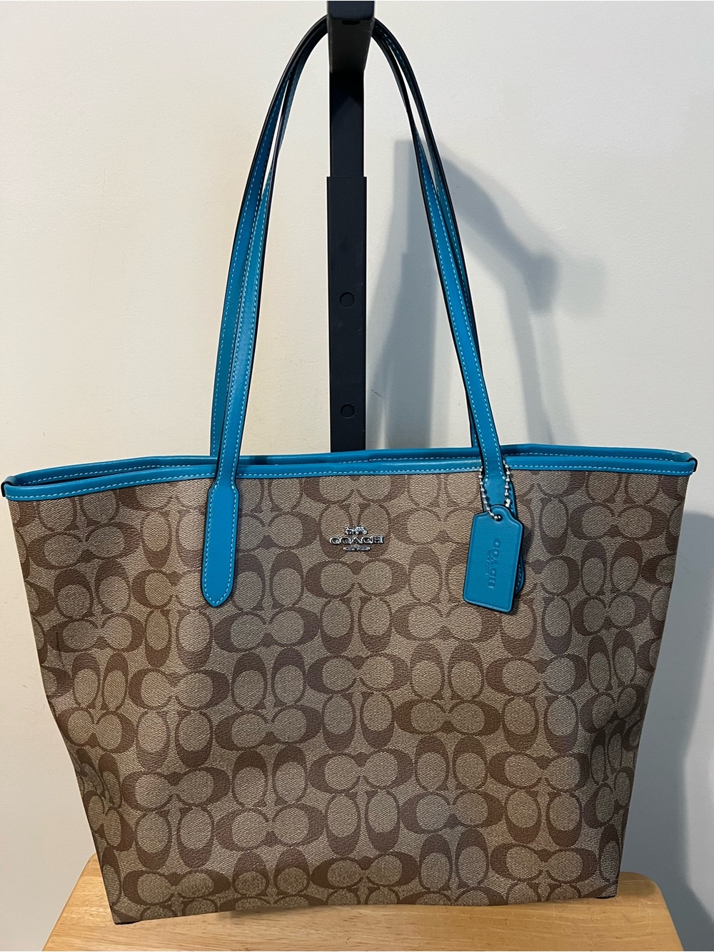 Coach Brown Signature Tote with Turquoise Trim